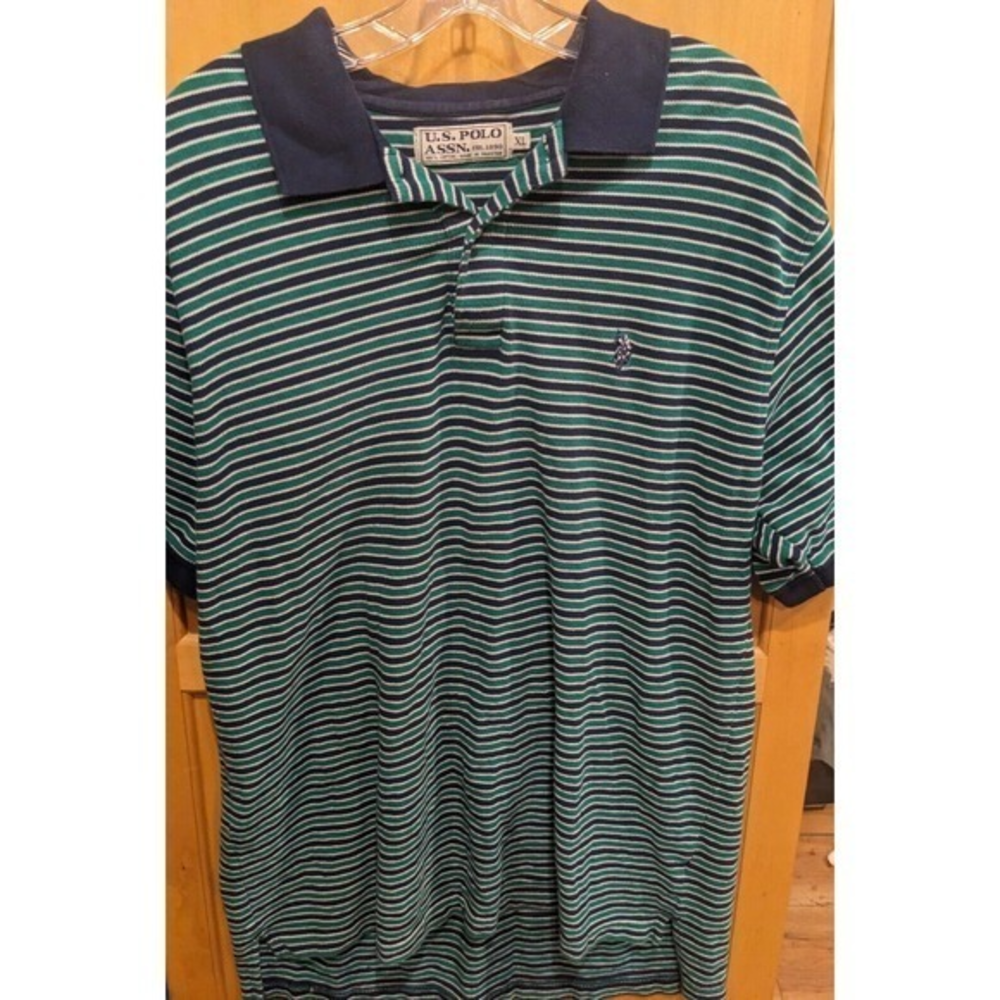 US Polo Association Men's Polo Shirt Size XL‎ Blue green striped Short Sleeve